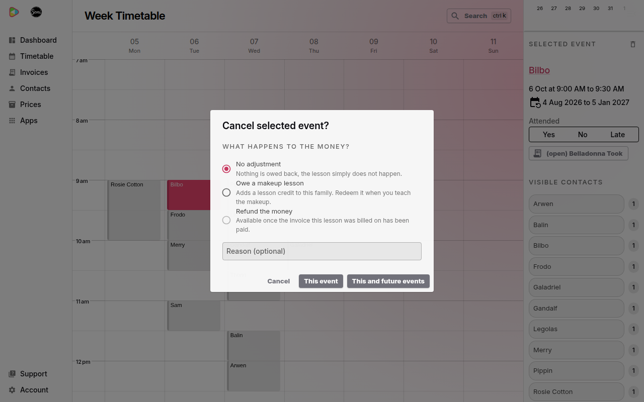 The Cancel selected event? dialog with the question What happens to the money?, three options, a Reason field, and This event and This and future events buttons