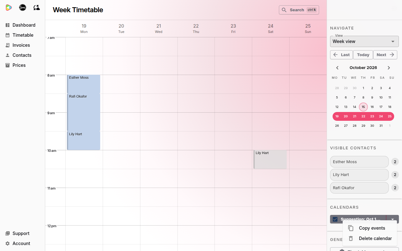 The Calendars panel menu with Copy events and Delete calendar