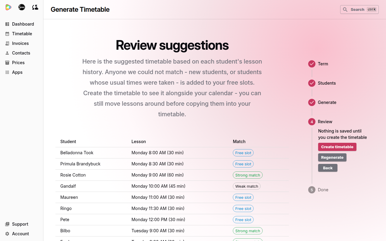 The Review suggestions step with students, suggested lesson times and Match labels such as Strong match, Weak match and Free slot