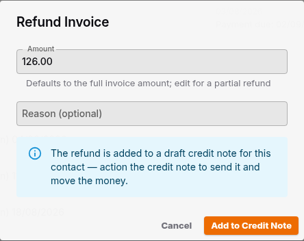 The Refund Invoice dialog with the Amount field set to 126.00 and the Add to Credit Note button