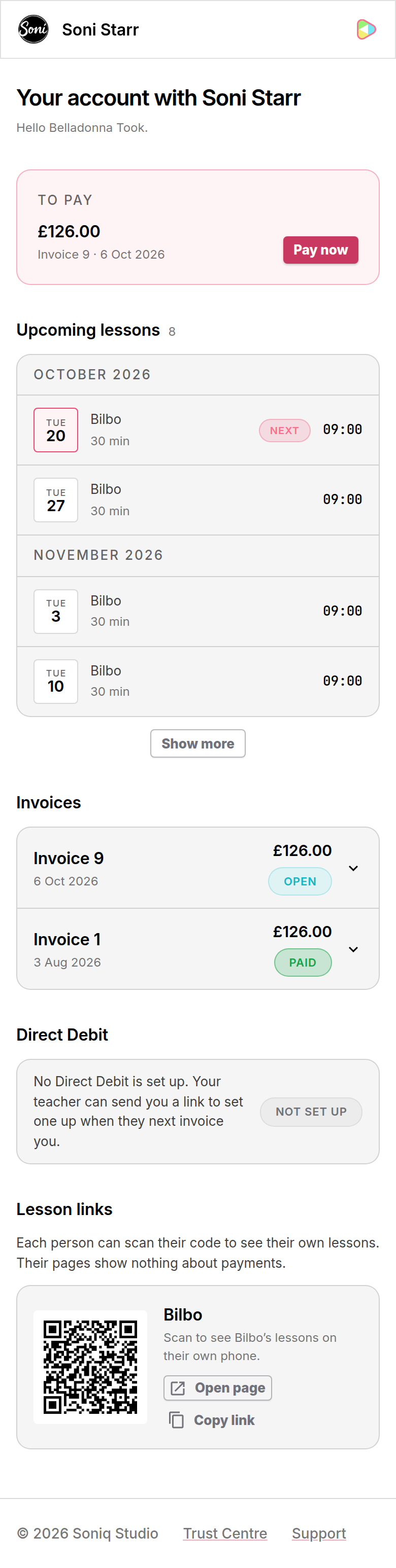 The payer’s portal page on a phone, with To pay at the top, four lessons and Show more, the invoice list, the Direct Debit section and Bilbo’s lesson link