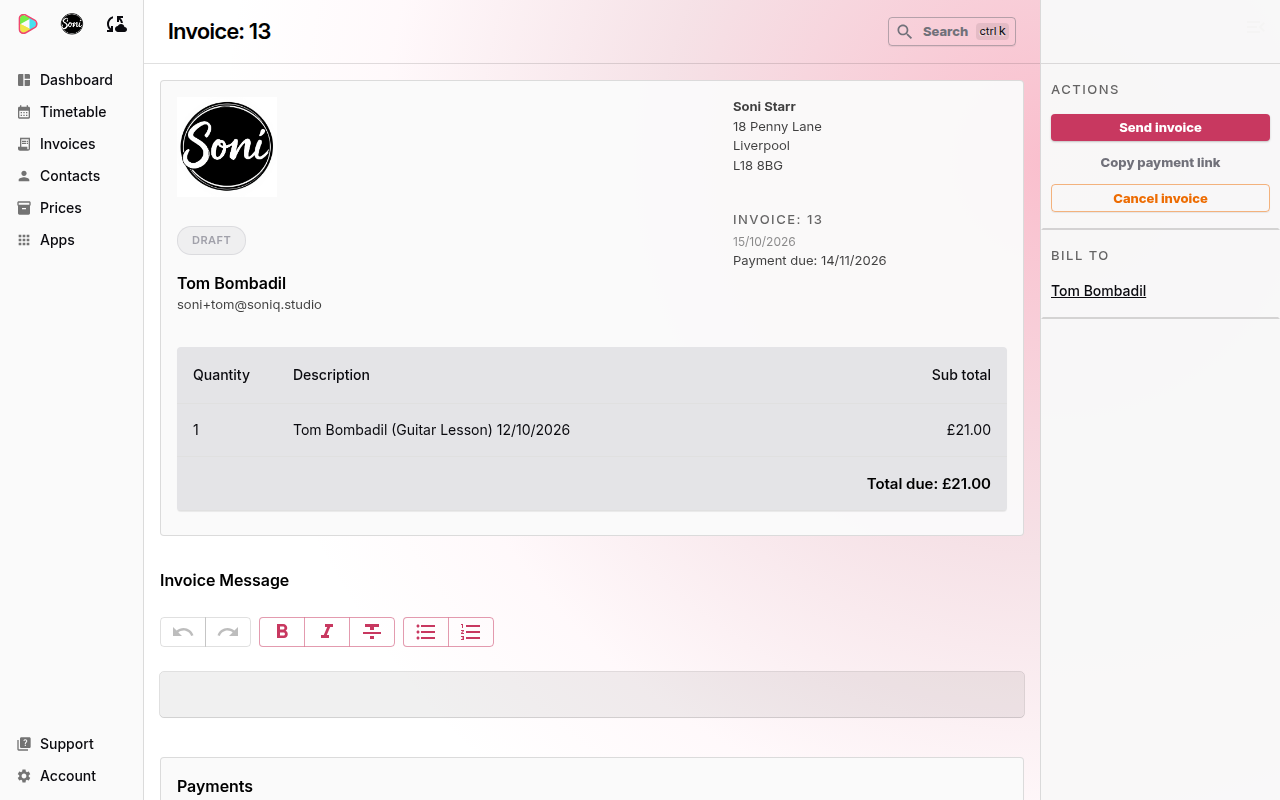 A draft invoice for Tom Bombadil with Send invoice, Copy payment link and Cancel invoice in the Actions panel