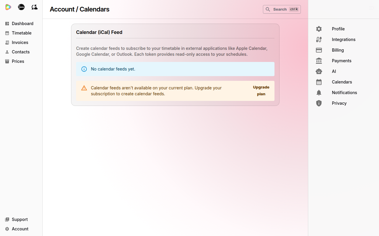 The Calendar (iCal) Feed section on the free plan, with a warning that calendar feeds are not available and an Upgrade plan button