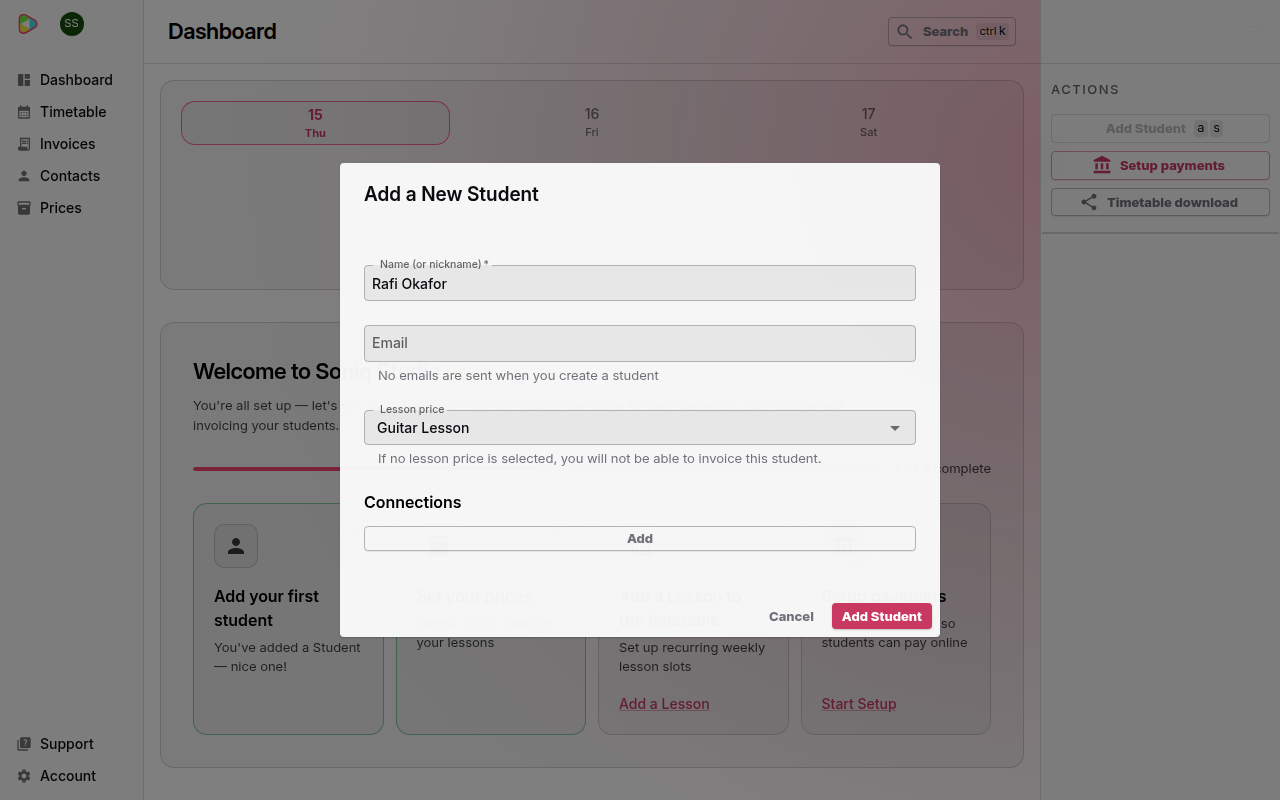 The Add a New Student dialog on the dashboard, with Rafi Okafor as the name